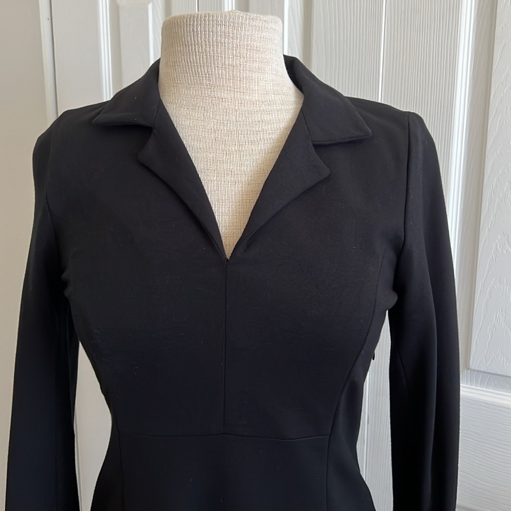 Nina McLemore Vintage Black Long Sleeve Collared V-Neck Midi Sheath Size 0